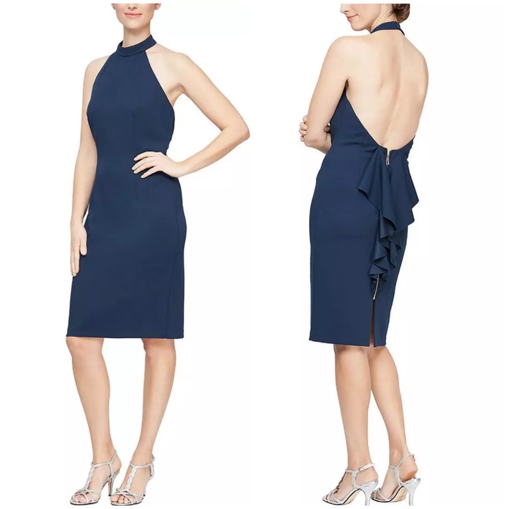 Alex Evenings Alex & Eve Halter Ruffle Open Back Sheath Cocktail Dress